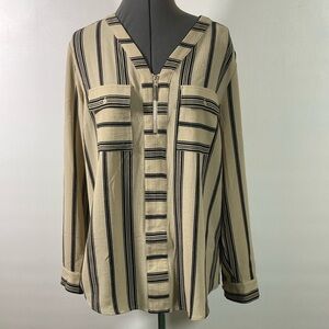 Notations Top Women Size Large Black & Tan Stripe  Zip Placket Long Sleeve